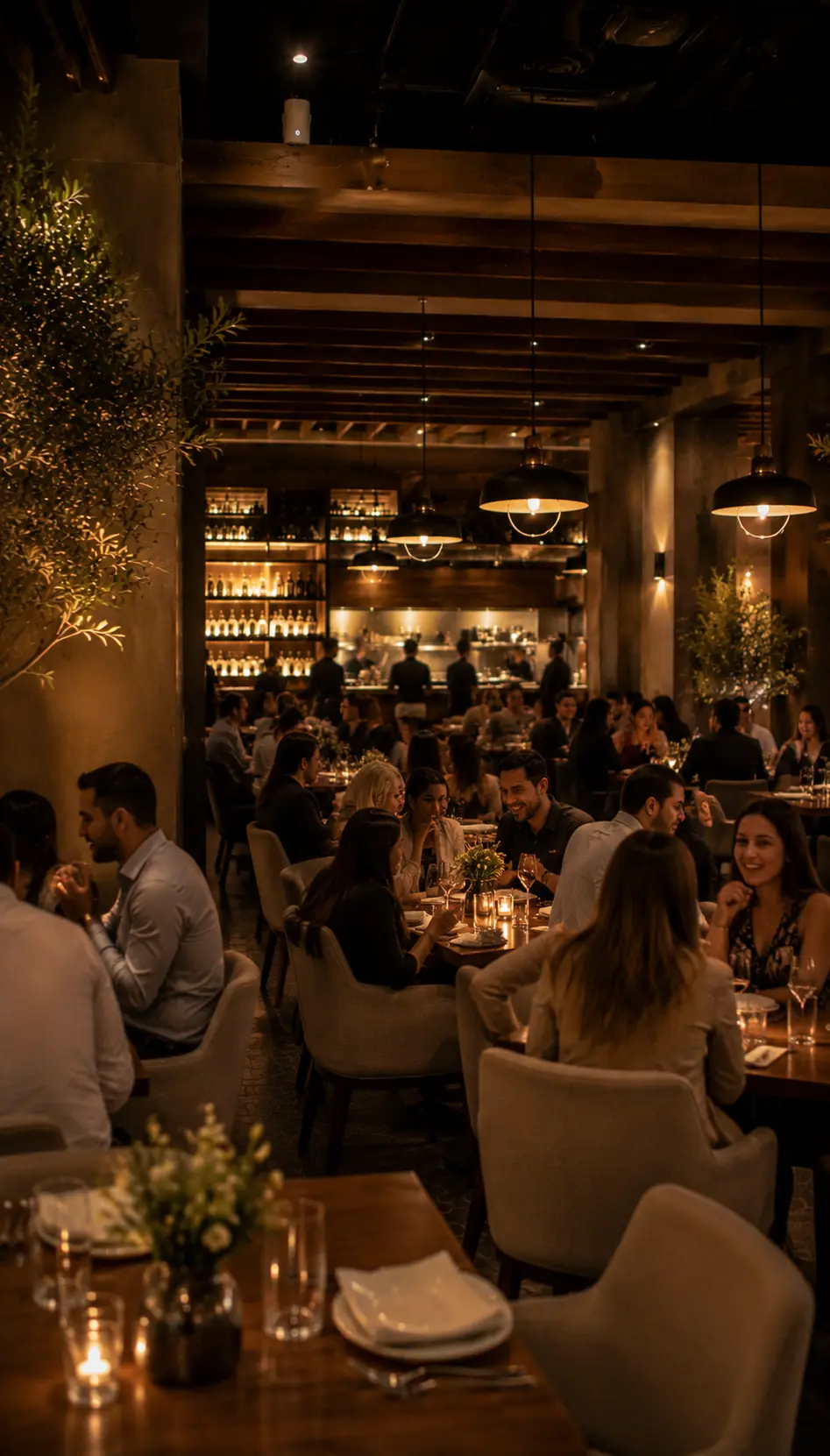 A bustling, warmly lit restaurant full of relaxed, engaged guests