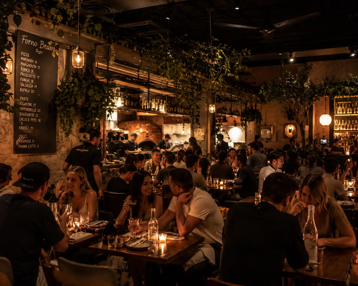 A warmly lit restaurant filled with people enjoying dinner together