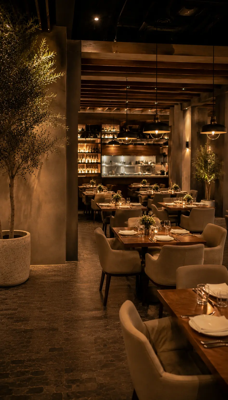 A warmly lit restaurant interior being assessed for scent design