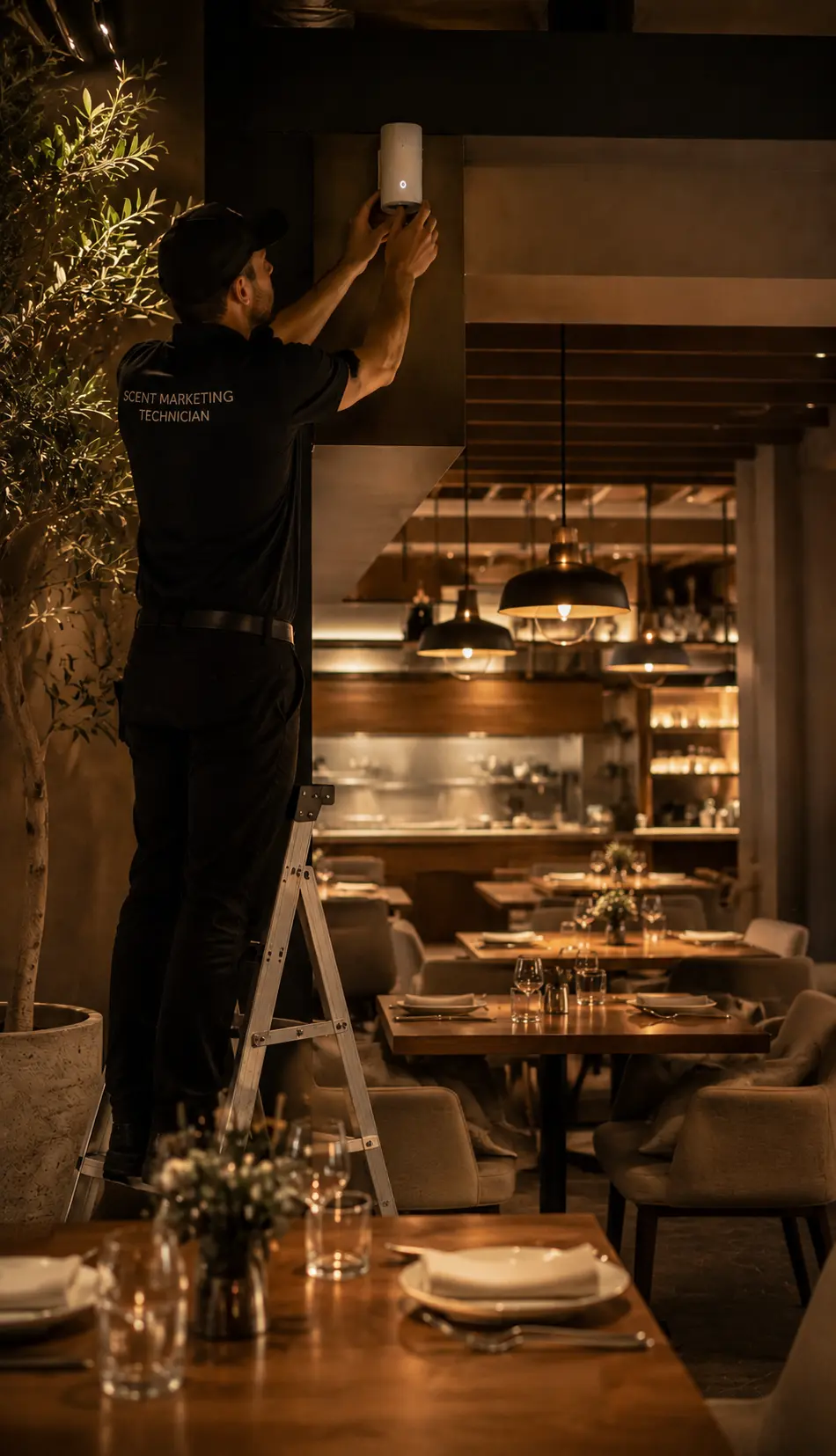 A scent marketing technician installing a diffuser in a warmly lit restaurant